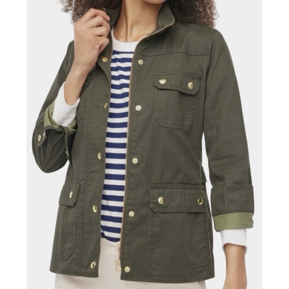 J.Crew Field Jacket Olive Green Cotton Utility Coat Gold Snap Hardware m3